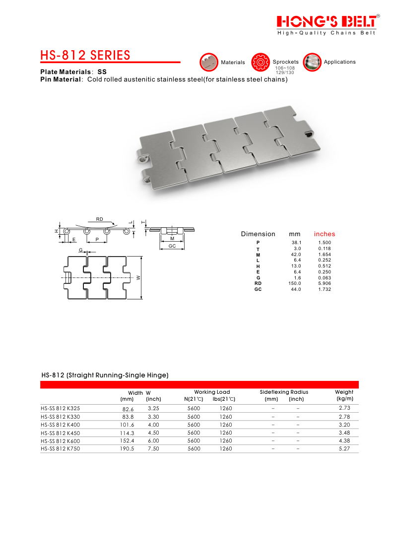 Цепь пластинчатая металлическая серии HS-812